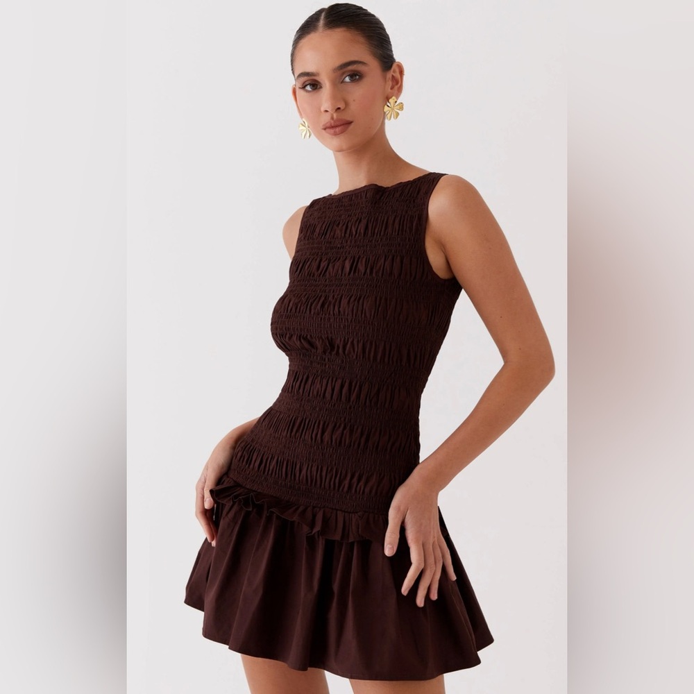 Peppermayo Chocolate Brown Garden Kisses Shirred Mini Dress Size S/US 4